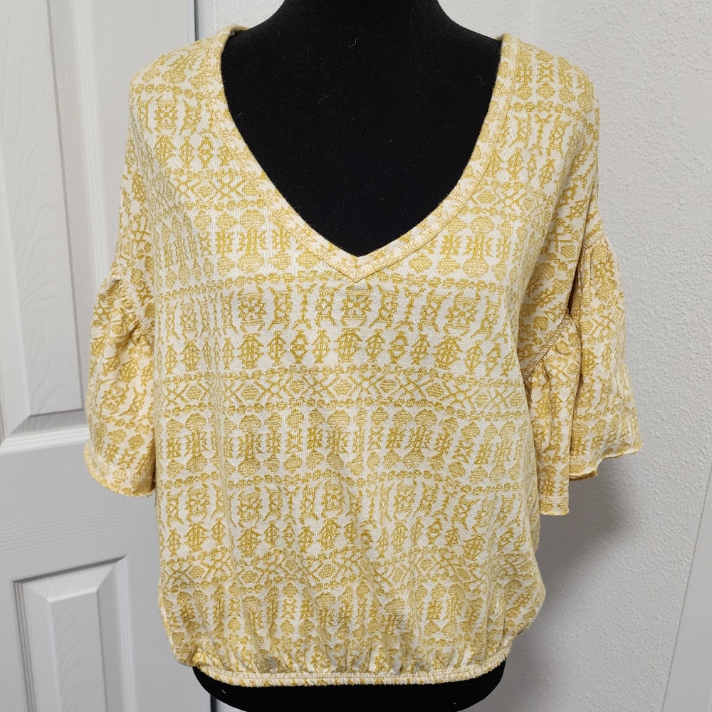 Free People Short Bell Sleeve Yellow & White Cinch Waist Oversized Top